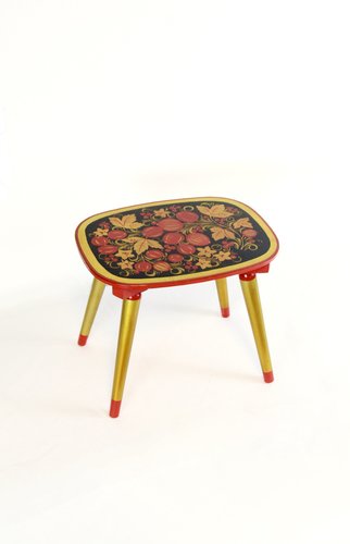 Vintage Xoxloma Hand-Painted Stool, USSR, 1970s for sale at Pamono