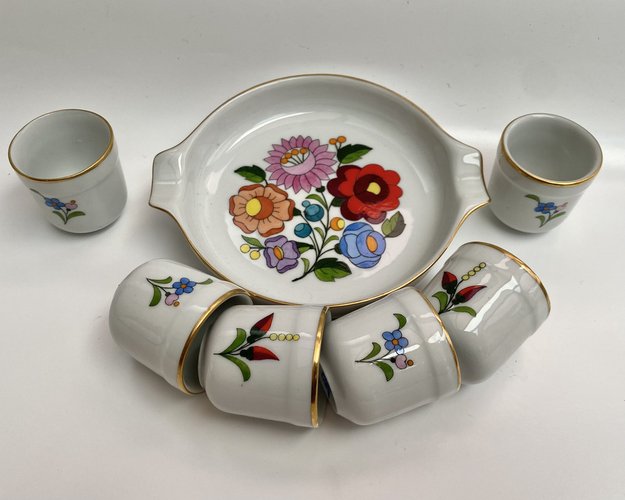 Vintage Hungarian Folk Art Kalocsa Hand-Painted Ashtray & Shot