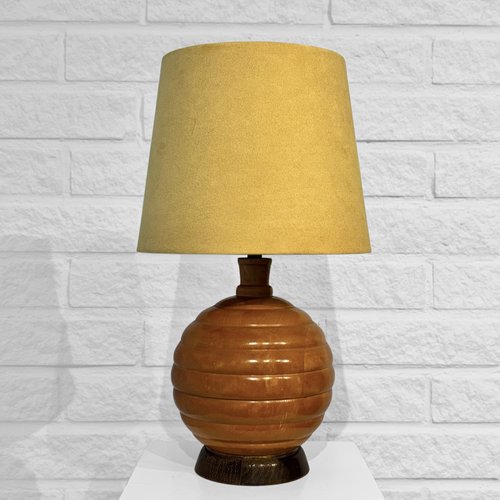 Art Deco Ball Shaped Table Lamp in Turned Birchwood, Sweden, 1930s