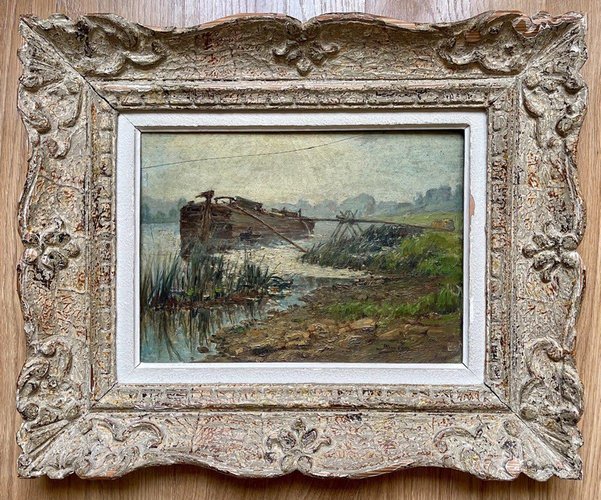 G. Bouzar, Barge on the Seine in Bois-Le-Roi, 1918, Oil on Panel for ...
