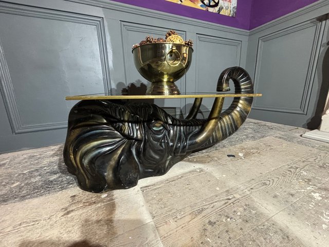 Superbe Petite Table Basse - Petite Selle d'Éléphant - Bois, Métal et Cuivre