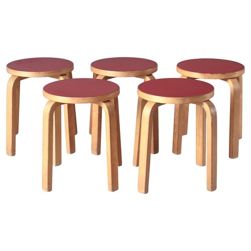 L-Leg Stools in Red Linoleum and Birch by Alvar Aalto for Artek