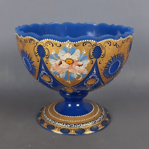 Vintage Blue Periwinkle Gold Flowers Murano Glass Cup by Fratelli