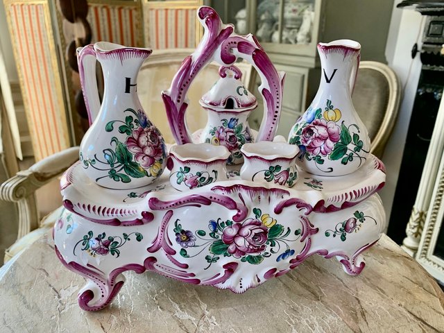 Vintage French Luneville Faience Strasbourg Oil & Vinegar Menage