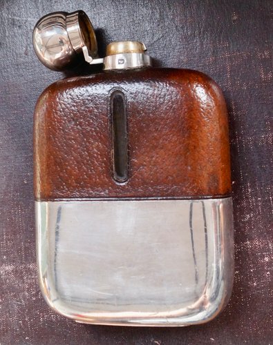 Antique Silver Plated Leather Bound Hip Flask by James Dixon
