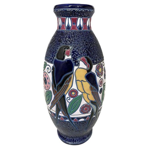 【CZECHOSLOVAKALEAD 】花瓶 Art Deco Enamel Vase with Birds by Amphora Czecho-Slovakia, 1920