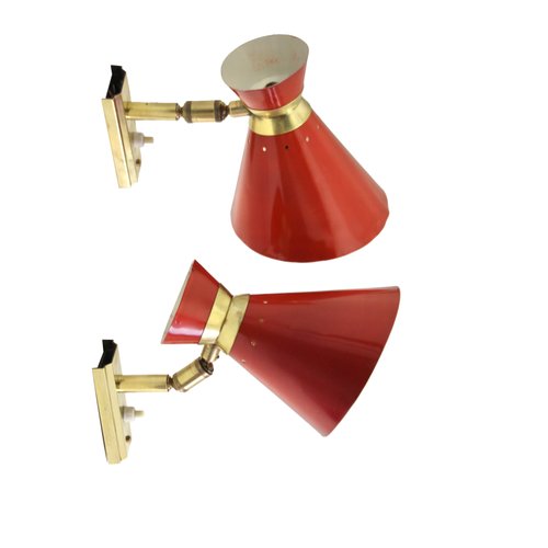 Red Diabolo Articulated Wall Lights attributed to Rene Mathieu for ...