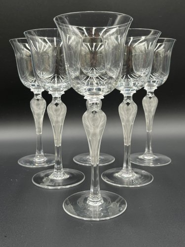 Lot De 7 Verres à Vin Cristal Lalique Bourgueil Signés - Style Art Déco, France