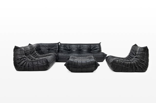 Black Leather Togo Sofa Set by Michel Ducaroy, 1990s