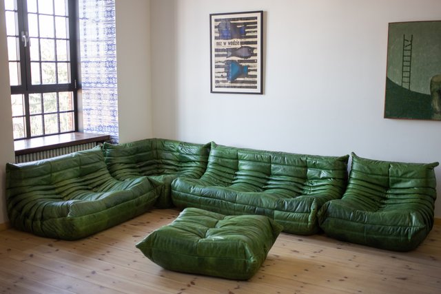 Vintage Green Leather Togo Sofa Set by Michel Ducaroy for Ligne Roset, 1979