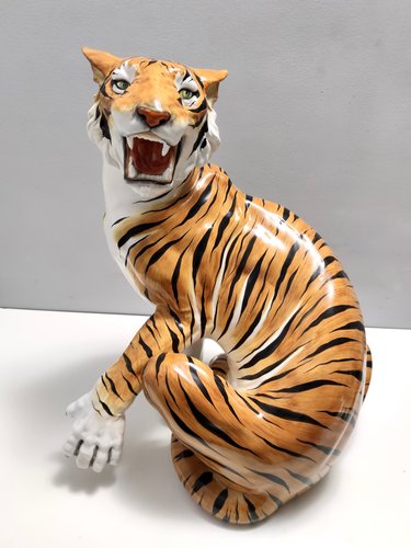 Large Vintage Hand Painted Ceramic Roaring Tiger, 1950s for sale at Pamono
