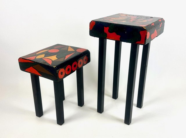 Vintage Abstract Hand-Painted Stools, 1970s, Set of 2 for sale at Pamono