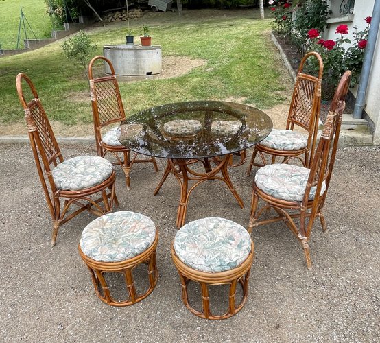 Vintage Rattan Wicker Dining Room Set with Glass Table, 1970s, Set