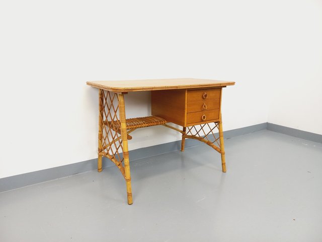 Vintage Desk in Rattan and Wood by Louis Sognot, 1960s for