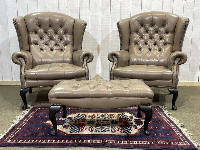 High-Backed Chesterfield Armchairs with Leather Ottoman, 1980s 