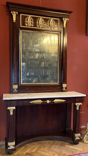 Italian Empire Mahogany and Parcel Gilt Console with Mirror and Carrara ...