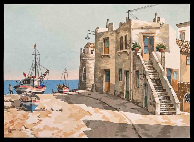Aldo Riso, Porticciolo, Watercolor, 2000 for sale at Pamono