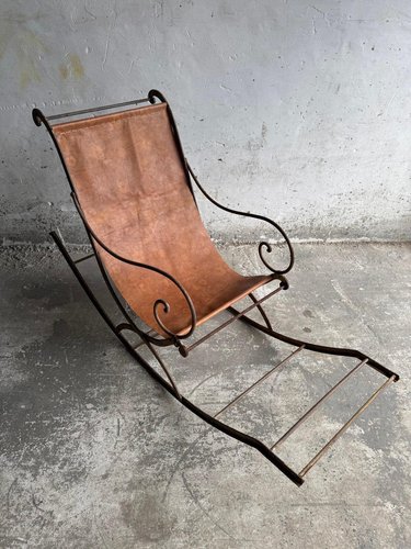 Antique Metal Rocking Chair with Leather Seat for sale at Pamono
