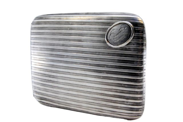 white gold cigarette case Guilloche Silver with Top Bands, Hinged Lid and Clasp With vintage designs etched on both sides Mid-Century Silver and Rose Gold