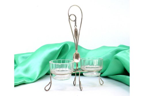 Salz- und Pfefferstreuer aus Glas mit silbernem Rahmen und Löffel, 4 . Set bei Pamono kaufen