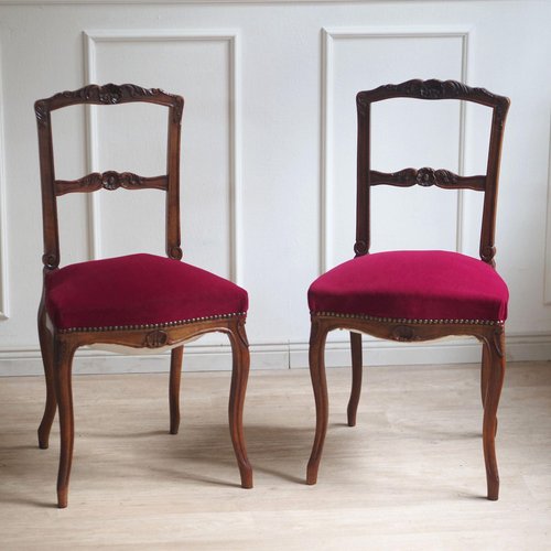 フレンチスタイル 赤いベルベット椅子 Vintage French Chairs with Wine-Red Velvet, 1890s-1910s, Set of 2