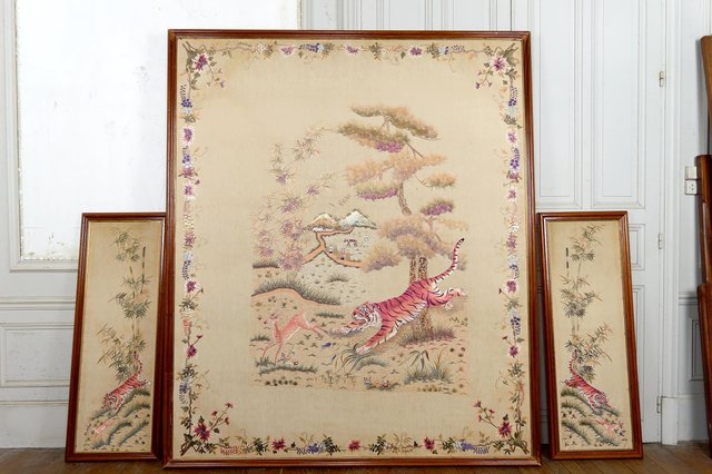 Indochinese Embroidered Silk Tapestries, Vietnam, 1930s, Set of 3