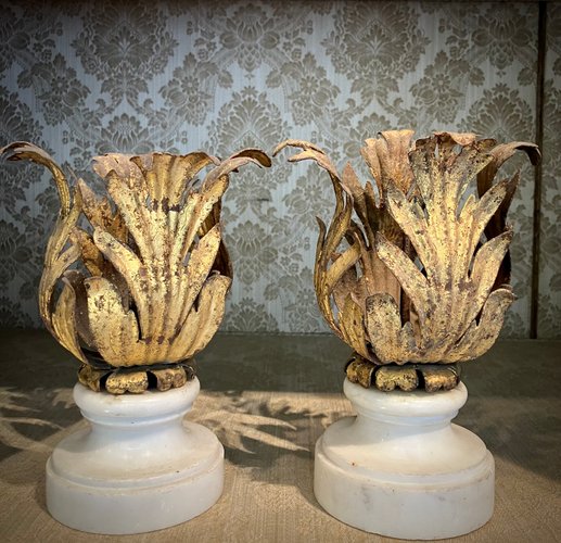 Florentine Renaissance Gilded Iron Acanthus Leaf Candleholders on