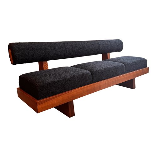 Large Architectural Bench with a Back Rest in Navy Blue Boucle