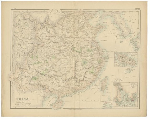 Antique Map of China with Insets the Island of Chusan and Canton River ...