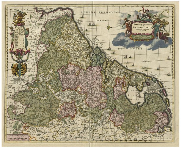Antique Decorative Map of the Low Countries, 1680 for sale at Pamono