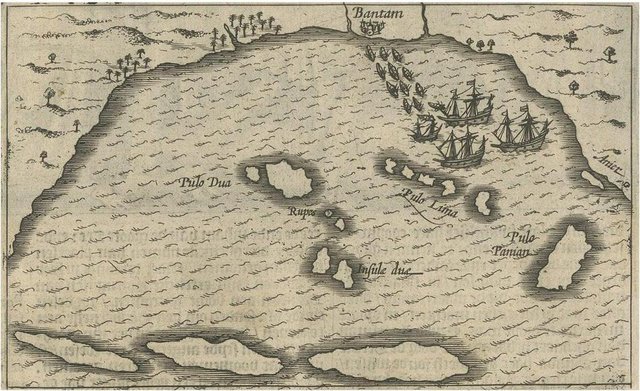 Small Map of Bantam with Dutch Ships and Portugese Engraving, 1614 for ...