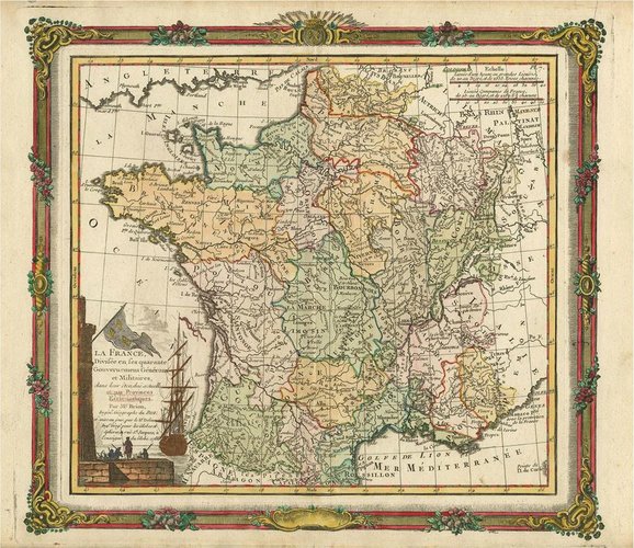 Antique Map of France with Decorative Border, 1766 for sale at Pamono