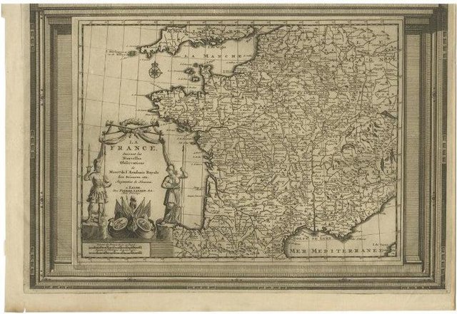 Antique Map of France with Title Cartouche and Border, 1740 for sale at ...
