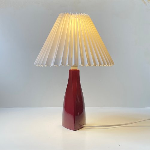 Midcentury Modern Danish Ceramic Table Lamp in Burgundy Glass by