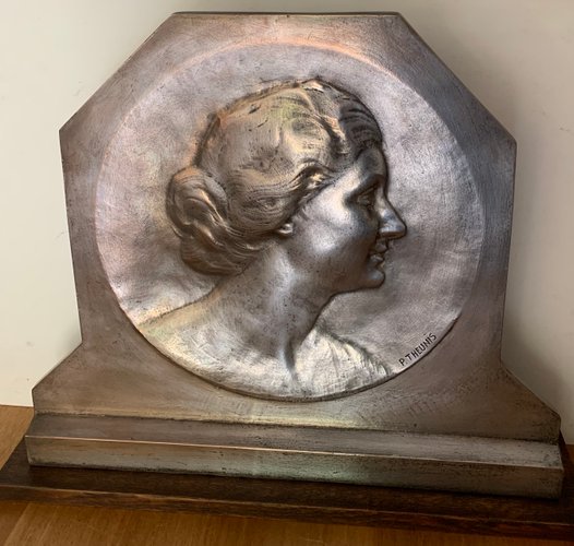 Large Art Deco Silvered Bronze Plaque on an Oak Base by Pierre Theunis ...