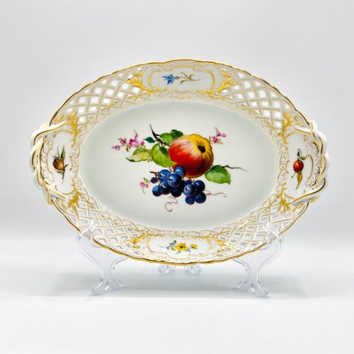 Hand-Painted Lattice Border Two-Handled Porcelain Tray from