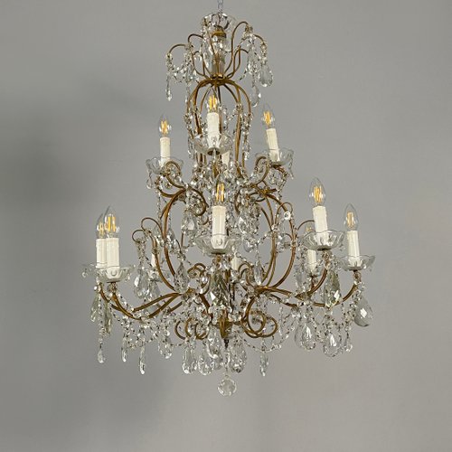 Early 20th Century Italian Glass Drop Chandelier with Brass