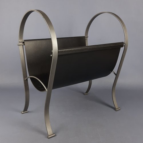 Magazine Rack in Black Leather and Satin Metal from Porada, 1980s for ...