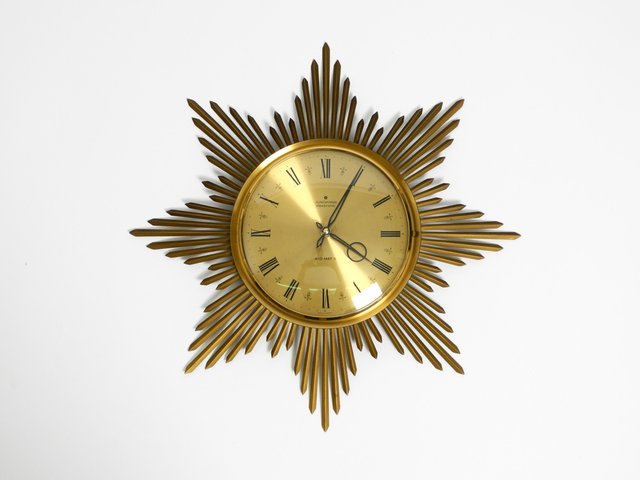 Large Brass Sunburst Wall Clock from Junghans Ato-Mat, 1960s for
