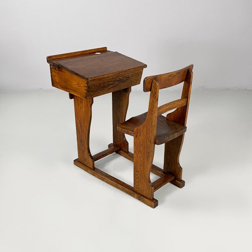 Vintage Italian School Desk in Wood and Ceramic Inkwell, 1930s for