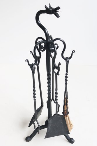 Spanish Gothic Revival Fireplace Tool Set in Hand-Forged Wrought Iron ...