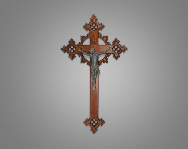 Antique Neo-Gothic Carved Oak Crucifix with Bronzed Spelter Corpus