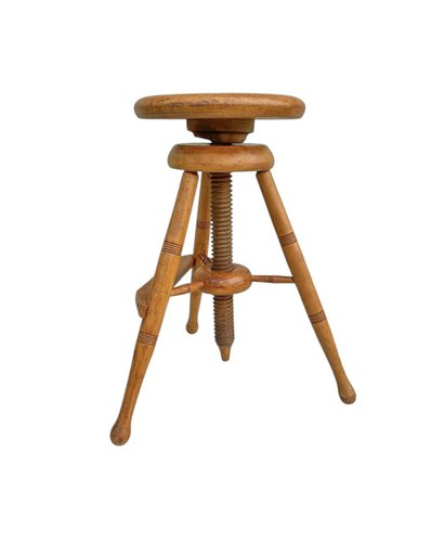 Industrial French Adjustable Wooden Tripod Swivel Screw Stool