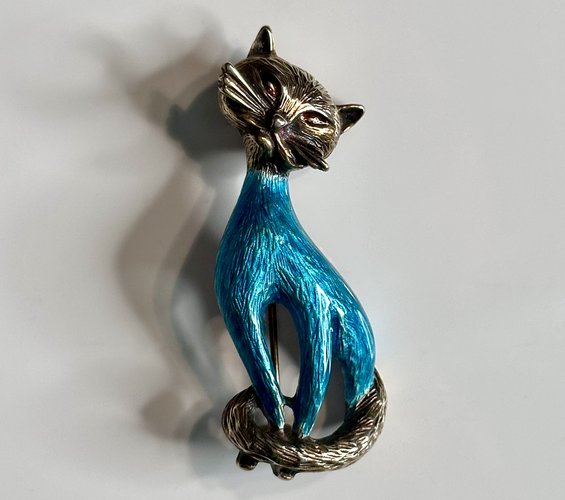 Vintage Cat Brooch in Silver and Enamel from Finn Jensen, Norway