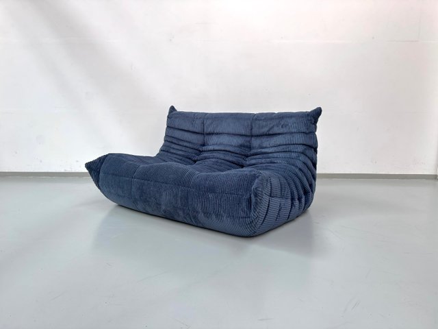 French Togo 2-Seater Sofa in Blue Corduroy attributed Michel