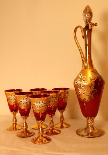 Decanter Set with Glasses in Red Murano Glass and Pure Gold Hand