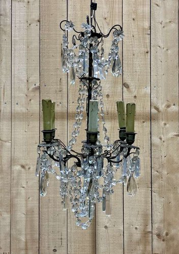 Antique Five-Light Bronze and Crystal Chandelier, 1900s for sale