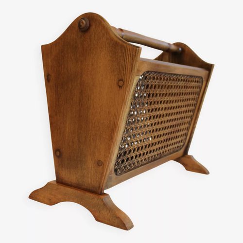 Vintage Magazine Rack in Wood and Caning, 1950s for sale at Pamono