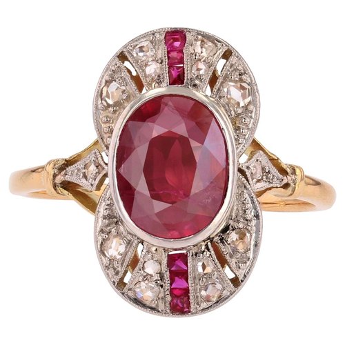 Bague Or Jaune 18k Vintage époque 1920 - Diamant Et Rubis (Verneuil), Occasion, Bijou Ancien