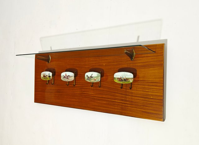 Wall-Mounted Coat Rack with Glass Shelf and Brass Accessories, 1960s ...
